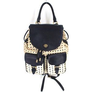 Tory Burch Navy Piper Backpack Woven Blue White Saffiano Leather